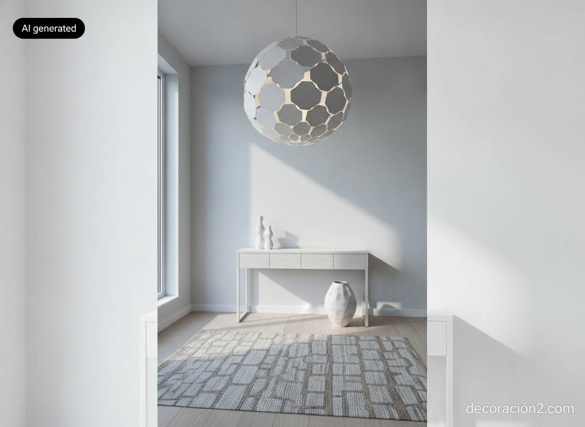 Colgante modular geométrico de módulos hexagonales blancos iluminando un recibidor de estilo nórdico visto desde abajo
