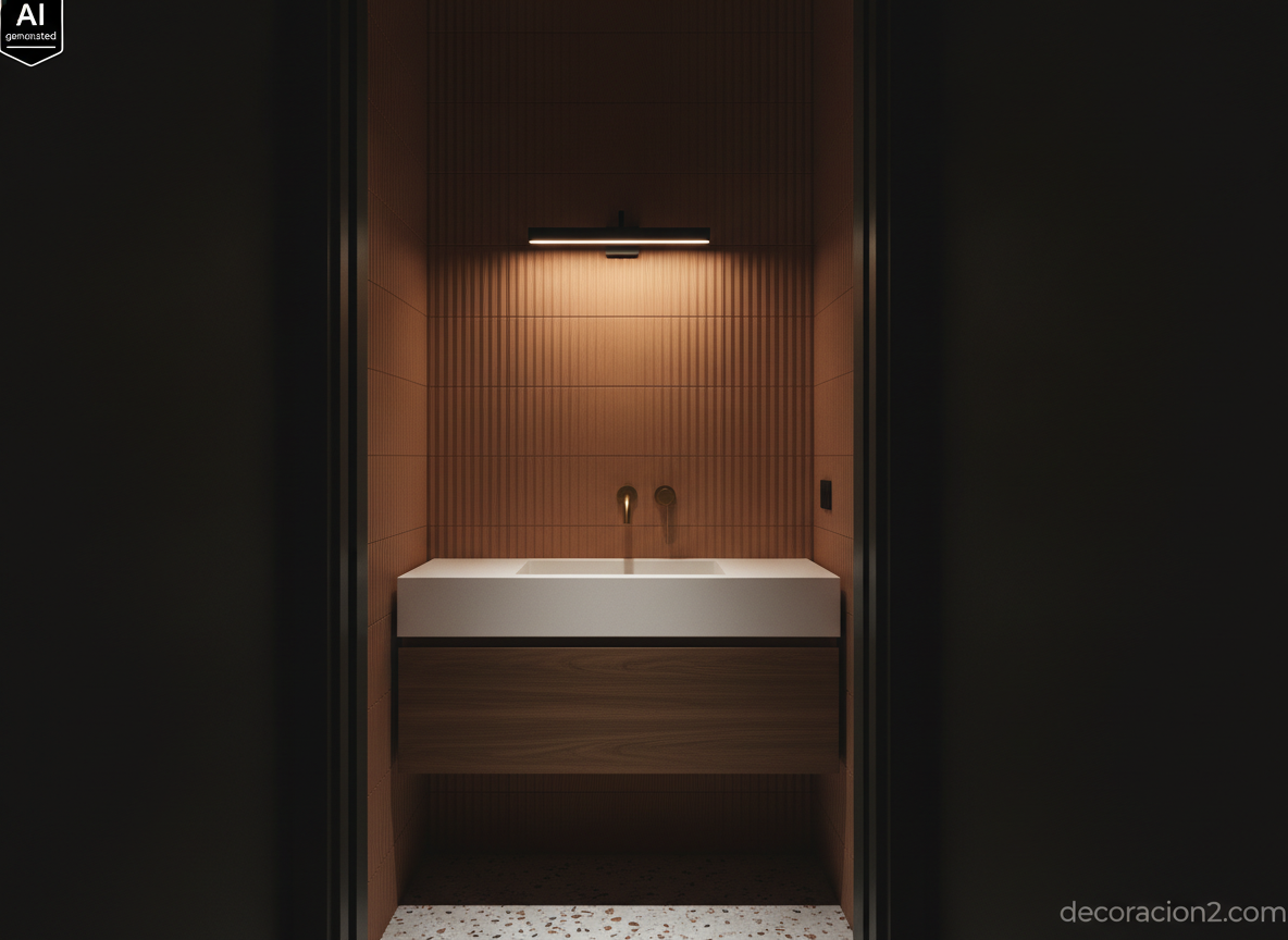 Lavabos de cuarzo: la colección Quartz Sinks de Giquadro y todo lo que debes medir antes de comprarla 6 Aseo pequeño con lavabo plano de cuarzo de un centímetro de fondo y grifo mural de latón