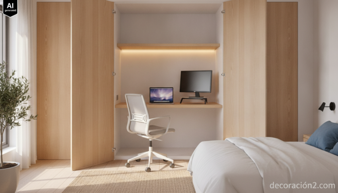 Armario empotrado convertido en oficina con escritorio de madera, monitor e iluminación LED
