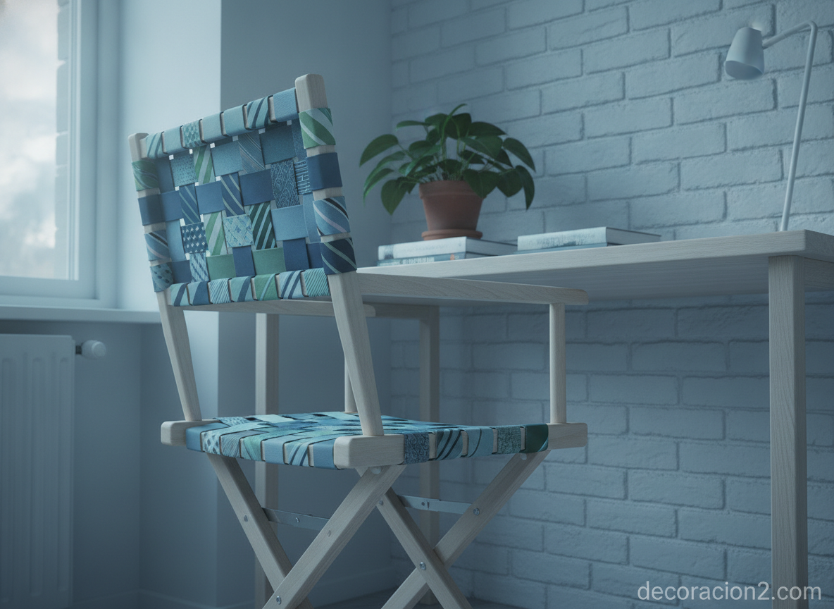 Silla plegable tejida con corbatas azules y verdes junto a un escritorio de abedul en un despacho nórdico