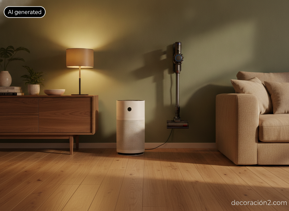 Electrodomésticos de diseño a la vista: qué aparatos merecen quedarse fuera del armario 2 Salón con purificador de aire cilíndrico y aspirador vertical colgado en la pared como parte de la decoración
