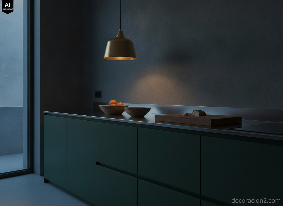 Cocina con frente de microcemento gris antracita y muebles verde mate en un ambiente de tarde