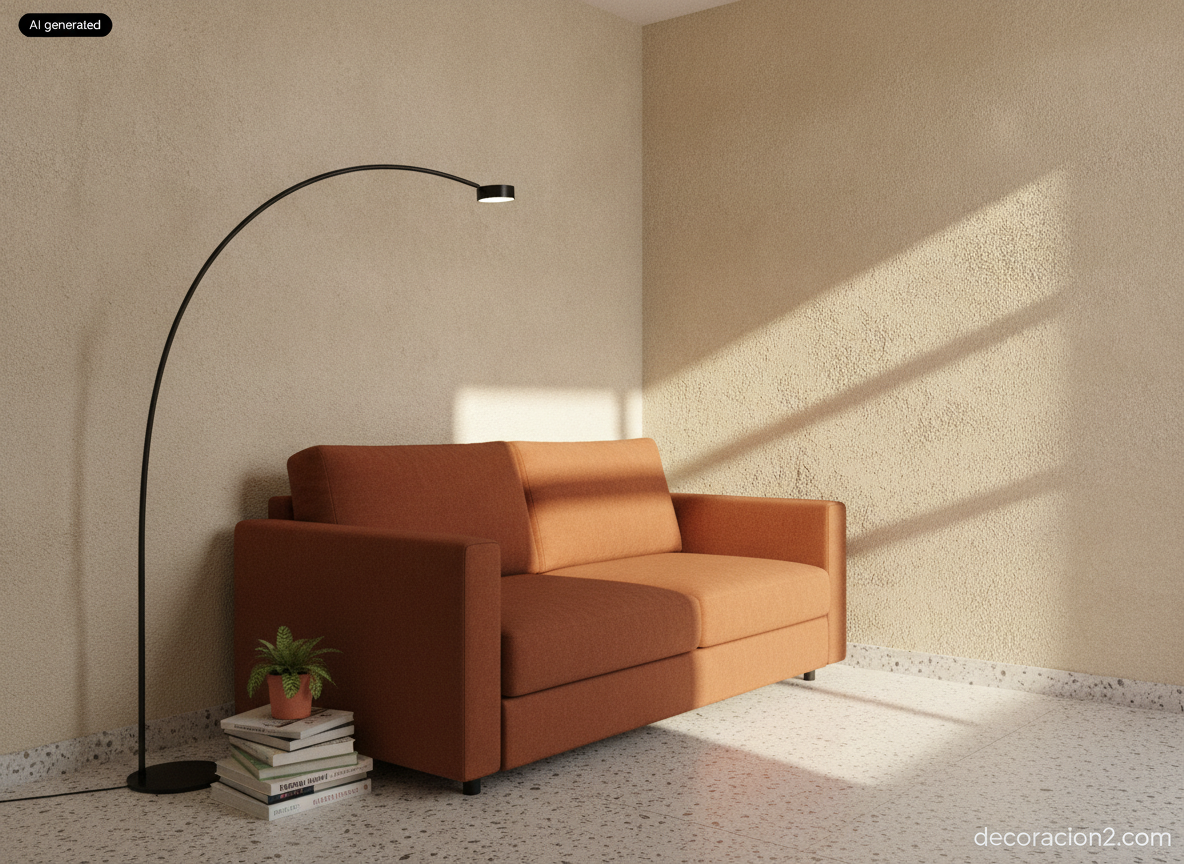 Muebles minimalistas de color: cómo elegir un sofá de líneas simples 2 Rincón de piso pequeño con sofá de dos plazas naranja teja sobre pared de cal y suelo de terrazo
