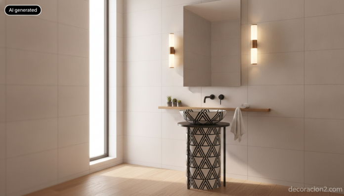 Baño contemporáneo con lavabo de diseño en blanco y negro sobre pie metálico esbelto y grifería mural