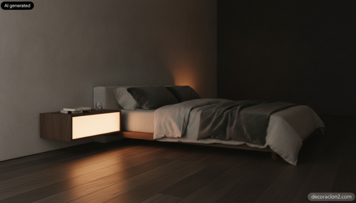 Dormitorio nocturno con mesillas de noche con luz integrada de frontal luminoso junto a una cama baja de lino