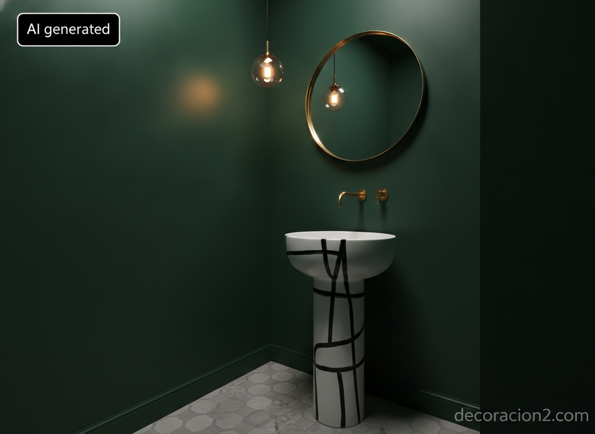Aseo de cortesía pequeño con paredes verdes, suelo hidráulico y lavabo escultórico con dibujo negro
