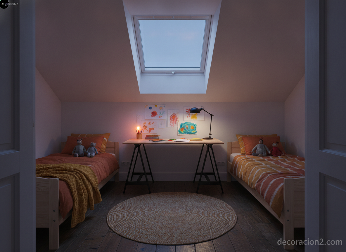 Dormitorio infantil compartido en buhardilla con dos camas bajas, escritorio bajo la claraboya e iluminación cálida nocturna