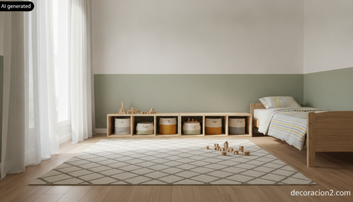 Vista general de una de las habitaciones infantiles con zona de juego despejada, estantería baja de contrachapado y franja de pared verde salvia