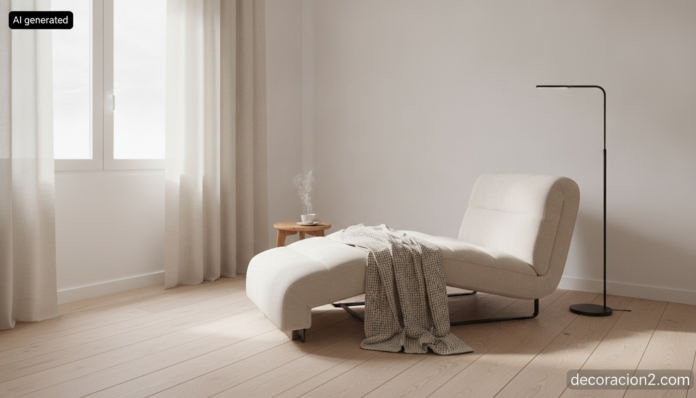 Silla convertible en sillón desplegada como chaise longue junto a la ventana de un salón pequeño y luminoso