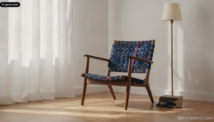 Sillón de corbatas con asiento y respaldo trenzados con corbatas de seda en un salón luminoso