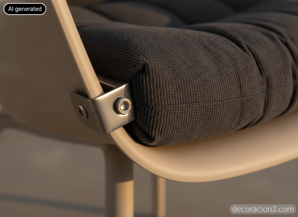Detalle macro de la bisagra de acero y la tapicería de chenilla en el asiento de una butaca plegable