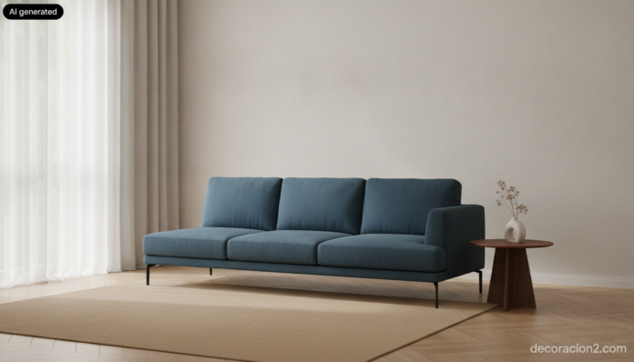 Realistic wide-angle interior photography of a bright modern living room with a low-back minimalist three-seater sofa upho... Salón luminoso con muebles minimalistas de color y sofá azul petróleo de líneas rectas