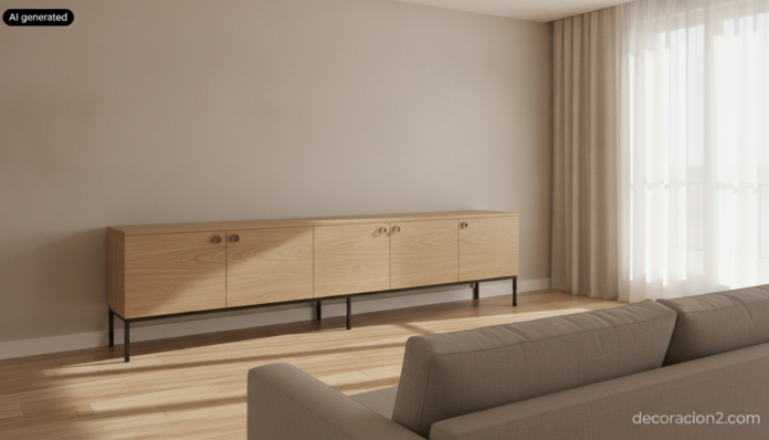 Wide-angle interior photograph of a bright contemporary living room in a Spanish flat, a long low oak-veneer sideboard abo... Salón luminoso con aparador bajo de roble, ejemplo de muebles de almacenaje de diseño