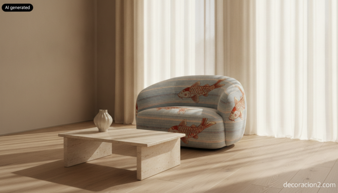 Wide-angle interior photograph of a bright contemporary living room, an Italian designer armchair upholstered in horizonta... Salón luminoso con una butaca de la colección Sushi de Moroso tapizada por capas frente a paredes neutras
