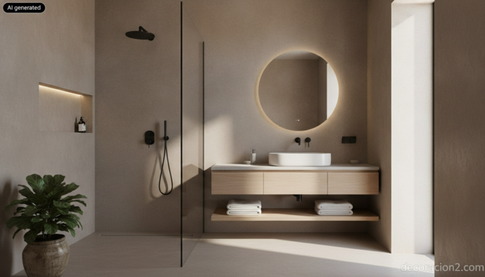 Baño moderno con microcemento en paredes en tono greige, ducha a ras de suelo y mueble de roble