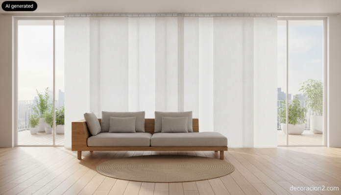 Wide interior photograph of a bright contemporary living room with a floor-to-ceiling window wall covered by five sliding ... Salón amplio con paneles japoneses personalizados en tejido crudo cubriendo un ventanal de suelo a techo