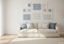 Pared de salón con un mural de cuadros con tela y papel decorativo en tonos azules sobre un sofá de lino claro