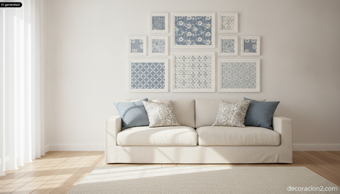 Pared de salón con un mural de cuadros con tela y papel decorativo en tonos azules sobre un sofá de lino claro