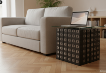 Mesa auxiliar con disquetes junto a un sofá gris con un portátil encima y tablero de cristal