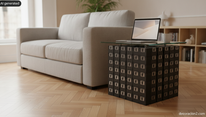 Mesa auxiliar con disquetes junto a un sofá gris con un portátil encima y tablero de cristal