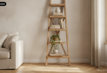 Estantería con escalera: cómo convertir una escalera de mano en un mueble útil Estantería con escalera de madera apoyada en la pared de un salón luminoso con libros y plantas