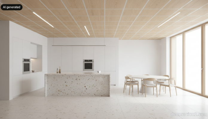 Cocina moderna con techos de pladur con vinilo en acabado imitación roble claro e iluminación LED empotrada