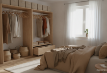 Dormitorio luminoso con armario abierto y soluciones de almacenaje de Ikea: cajas de tela, cestas y perchas iguales