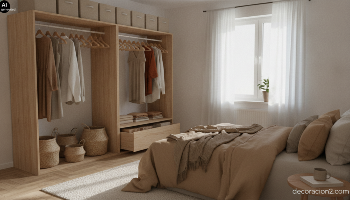 Dormitorio luminoso con armario abierto y soluciones de almacenaje de Ikea: cajas de tela, cestas y perchas iguales