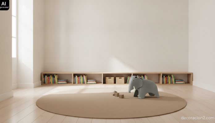 Elephant de Eames en gris hielo dentro de una habitación infantil nórdica con alfombra redonda y estantería baja de roble