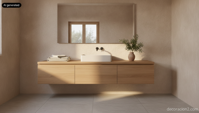 Wide interior photograph of a contemporary Mediterranean bathroom, a rectangular matte white quartz composite vessel washb... Baño moderno con lavabos de cuarzo blanco mate sobre mueble de roble suspendido y grifo negro