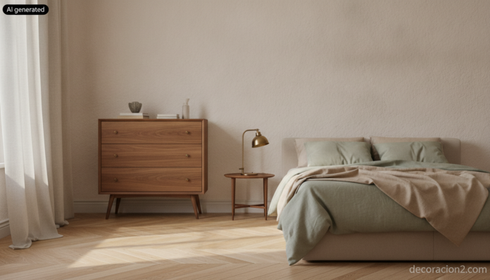 Dormitorio con muebles vintage de dormitorio en nogal: cómoda de cajones, mesilla y cama baja con luz natural