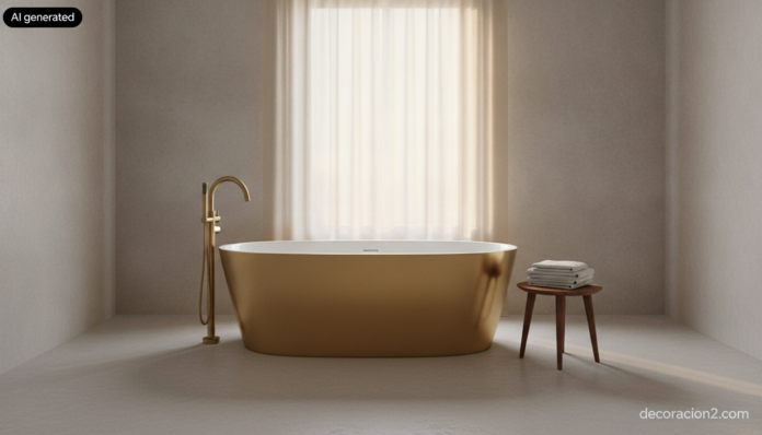 Bañera exenta con acabado metálico en oro pulido e interior blanco en un baño de microcemento gris con luz natural