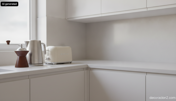 Encimera de cocina moderna con electrodomésticos de diseño agrupados en un extremo junto a una ventana