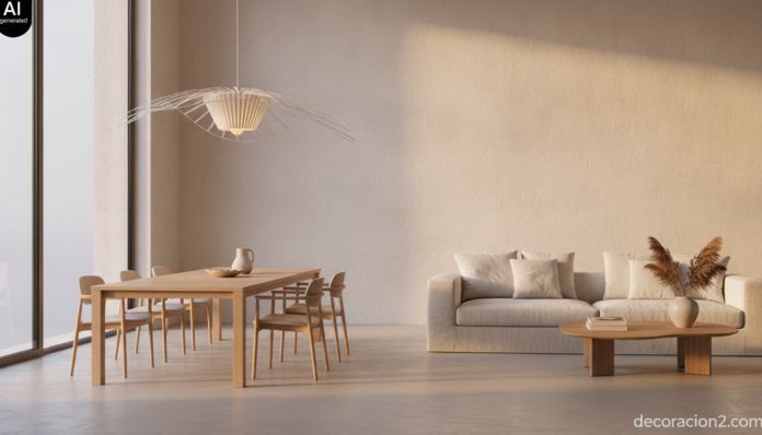 Lámpara modular de diseño con pétalos metálicos plata mate colgada sobre una mesa de comedor de roble en un salón luminoso