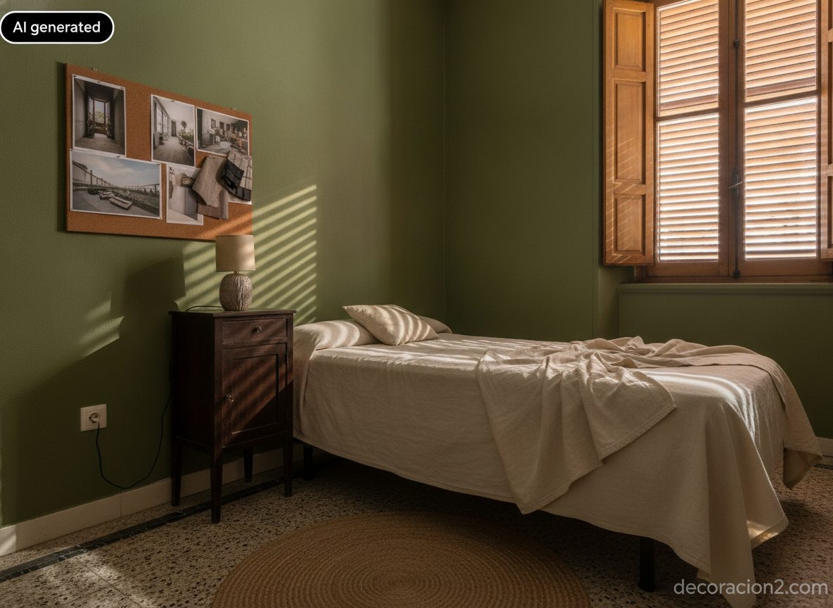 Dormitorio pequeño con paredes verde oliva, luz de tarde entre lamas y un tablero de corcho con fotos de referencia clavadas