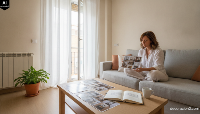 Salón luminoso donde una mujer revisa en una tablet ideas de inspiración de decoración en redes sociales rodeada de fotos impresas y bocetos