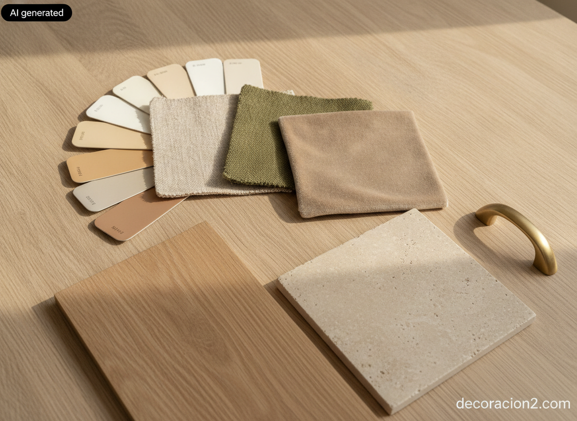 Primer plano de muestrarios de tela, cartas de color, madera de roble y azulejo mate sobre una mesa de trabajo