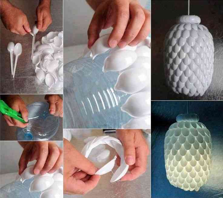 Lámpara con cucharas de plástico
