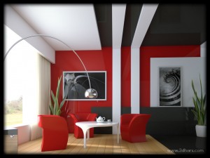 salon decorado en color rojo y gris